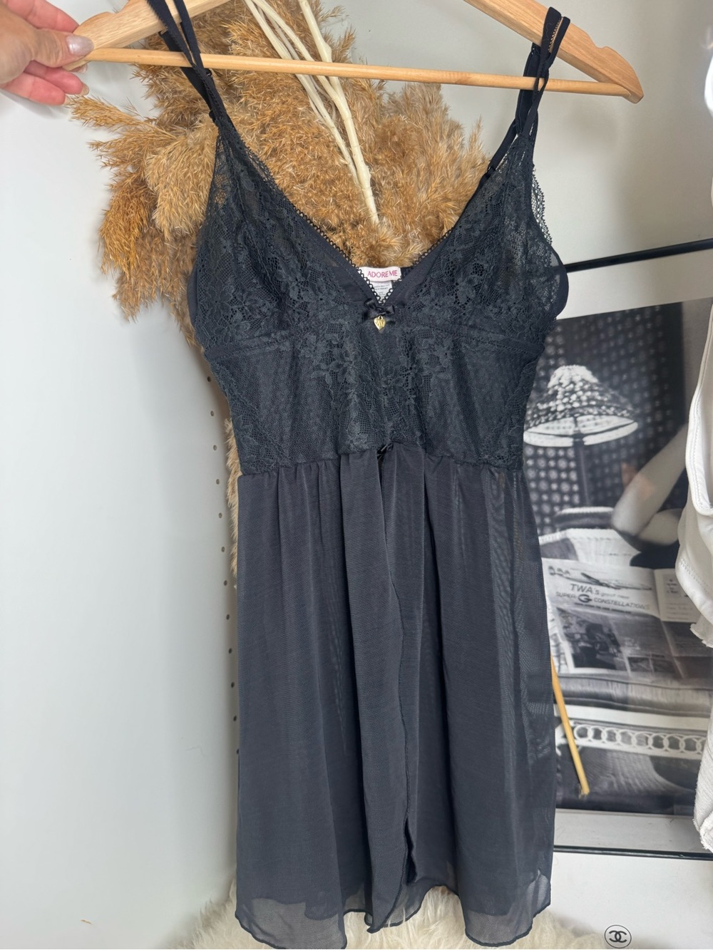 Adore Me Black Lace Trim Chiffon Chemise
